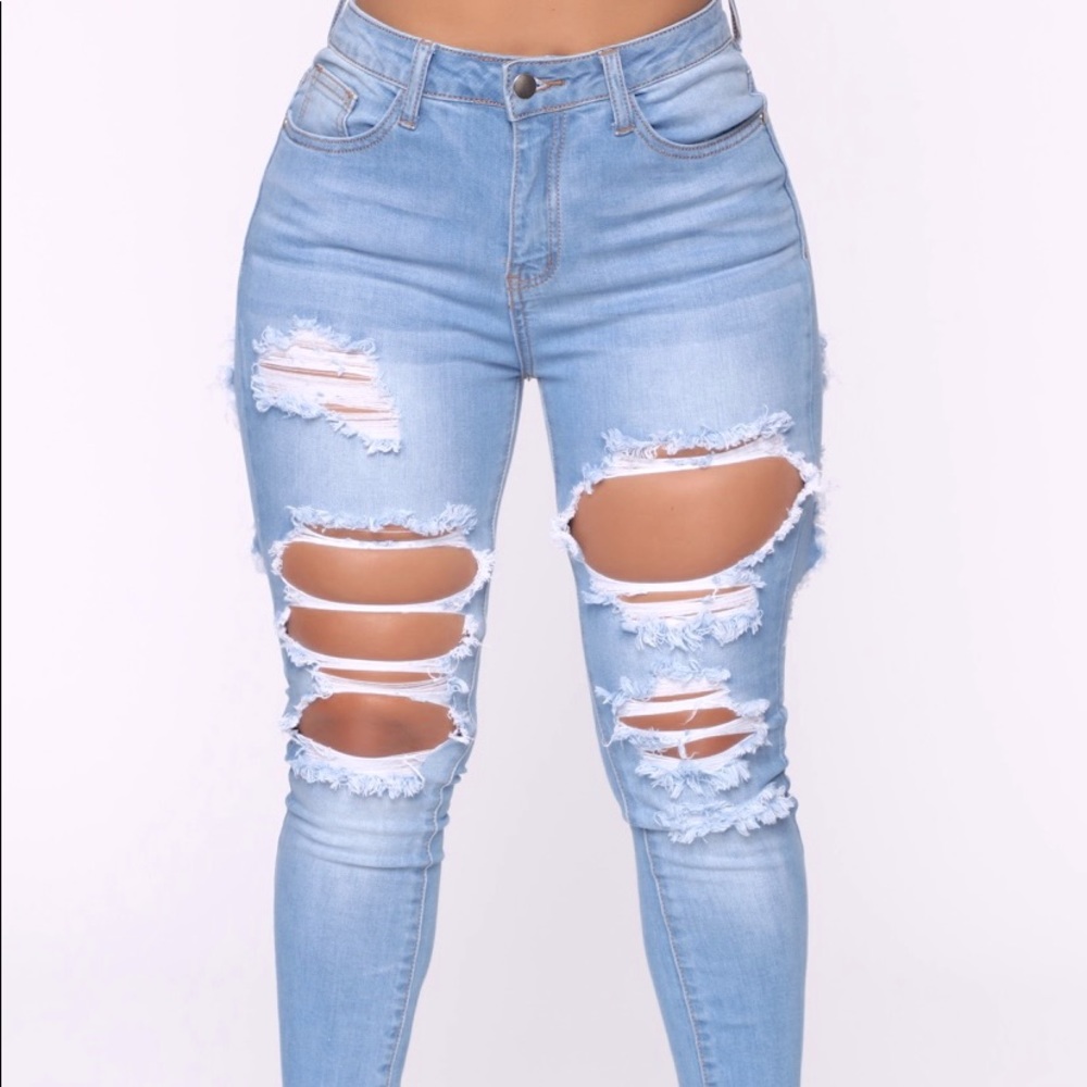 Fashion Nova Talk Of The Town Distressed Skinny Jeans - Light Blue Wash